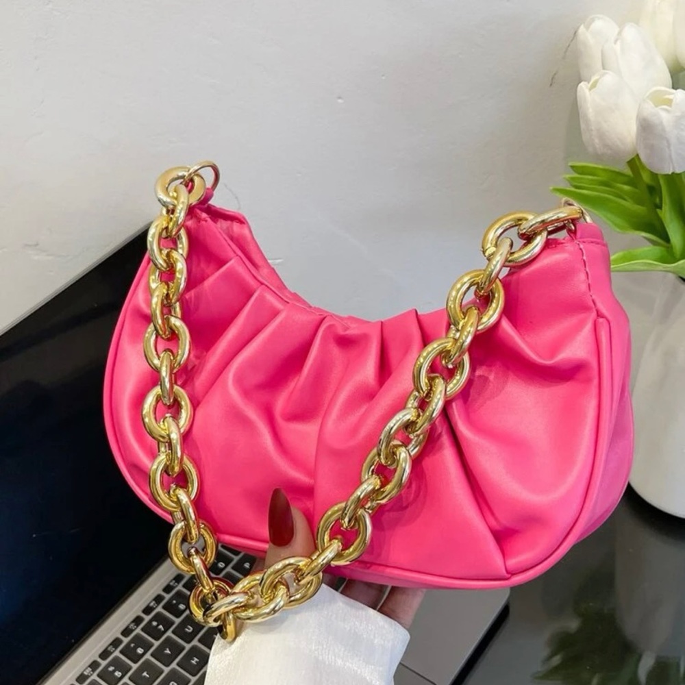 Neon Pink Chain Rushed Baguette Purse